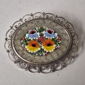 Vintage Oval Micro Mosaic Silver Tone Flower Multicolored Brooch 1 3/4"